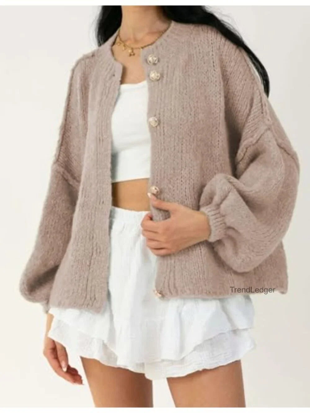 Cardigan Sweaters for Women Long Sleeve Button Up Knit Oversized with Lantern